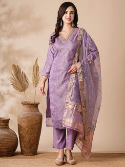 FASHOR - Floral Printed Jacquard Resham Embroidered Kurta with Pant and Dupatta (Set of 3)