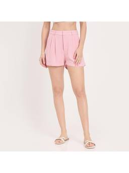 Madame - Powder Pink Rayon Linen Pleated Shorts
