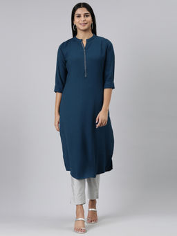 NEERU'S - Navy Blue Straight Solid Viscose Rayon Kurta