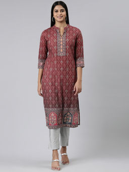 NEERU'S - Burgundy Straight Printed Chiffon Kurta