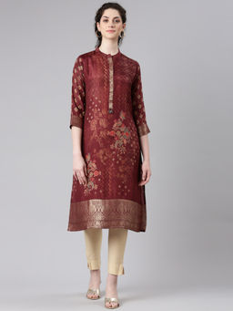 NEERU'S - Maroon Straight Casual Floral Straight Kurta