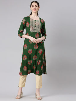 NEERU'S - Green Straight Casual Floral Straight Kurta