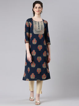 NEERU'S - Navy Blue Straight Casual Floral Straight Kurta