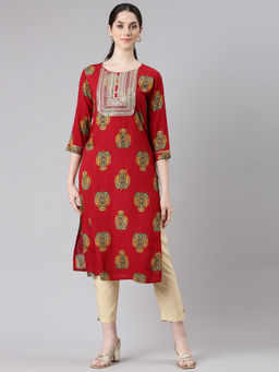 NEERU'S - Red Straight Casual Floral Straight Kurta