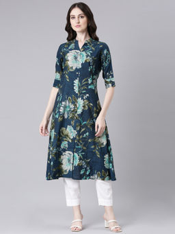 NEERU'S - Blue Straight Casual Floral Straight Kurta