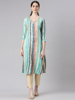NEERU'S - Sea Green Straight Casual Striped Straight Kurta