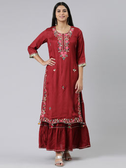 NEERU'S - Maroon Straight Embroidered Shenton Kurta