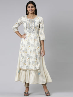 NEERU'S - Cream Straight Printed Viscose Rayon Kurta