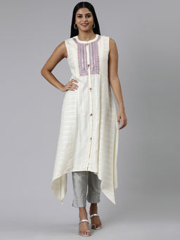 NEERU'S - Cream Curved Embroidered Viscose Rayon Kurta