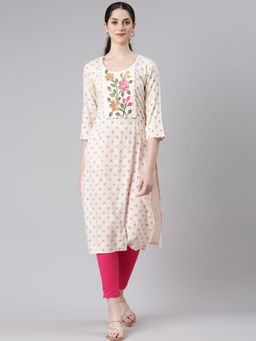 NEERU'S - Cream Straight Casual Floral Straight Kurta