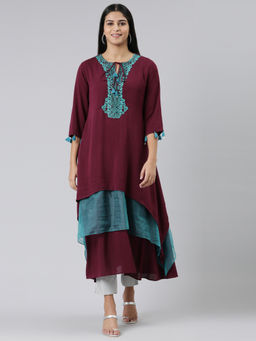 NEERU'S - Maroon Curved Solid Viscose Rayon Kurta