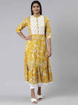 NEERU'S - Mustard Straight Printed Viscose Rayon Kurta
