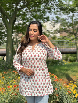 Anastay Clothing - White & Coral Cotton Printed Kurti