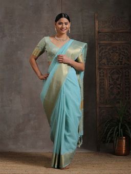 Triyah - Icy Blue Cotton Saree without Blouse