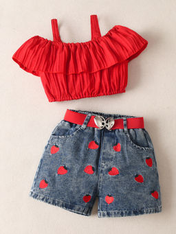 Hopscotch - 2-Pc Strawberry Embroidered Shorts & Blouse