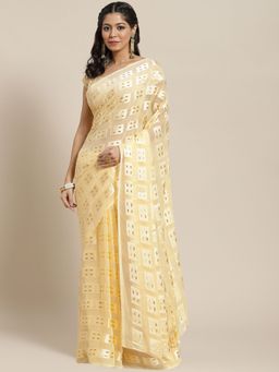 ISHIN - Womens Georgette Cream Embellished Saree with Unstitched Blouse