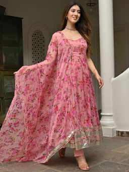 Lavanya The Label - Pink Printed Anarkali (Set of 3)