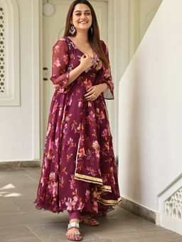 Lavanya The Label - Wine Printed Anarkali (Set of 3)