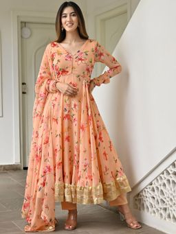 Lavanya The Label - Peach Printed Anarkali (Set of 3)