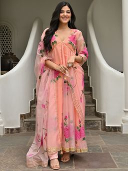 Lavanya The Label - Peach Handbrush Organza Anarkali (Set of 3)
