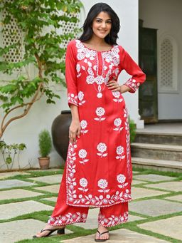 Lavanya The Label - Red Modal Embroidery Kurta (Set of 2)