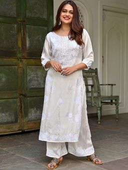 Lavanya The Label - White Modal Embroidery Kurta (Set of 2)