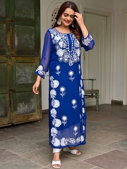 Lavanya The Label - Blue Georgette Embroidery Kurta (Set of 2)