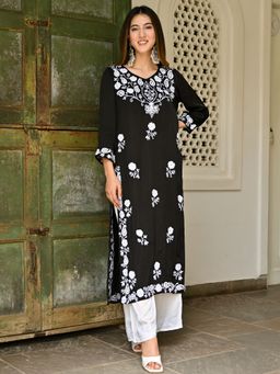 Lavanya The Label - Black Modal Embroidery Kurta (Set of 2)
