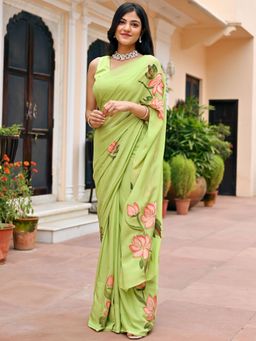 Lavanya The Label - Green Handbrush Chiffon Saree with Unstitched Blouse