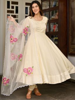 Lavanya The Label - Ivory Slik Embroidery Anarkali (Set of 3)