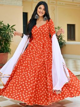 Lavanya The Label - Orange Printed Anarkali (Set of 3)