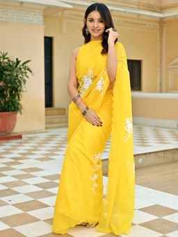 Lavanya The Label - Yellow Embroidered Saree with Stitched Blouse