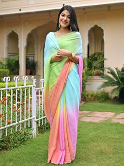 Lavanya The Label - Multi-Color Ombre Chiffon Saree with Unstitched Blouse