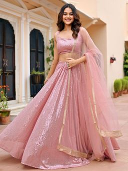 Lavanya The Label - Peach Sequin Lehenga (Set of 3)