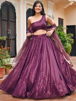 Lavanya The Label - Wine Sequin Lehenga (Set of 3)
