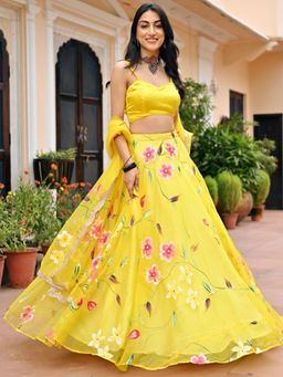 Lavanya The Label - Yellow Handpainted Lehenga (Set of 3)