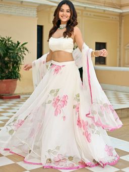 Lavanya The Label - White Handpainted Lehenga (Set of 3)