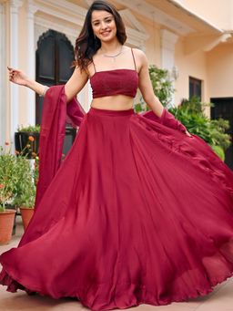 Lavanya The Label - Maroon Handwork Blouse Lehenga (Set of 3)