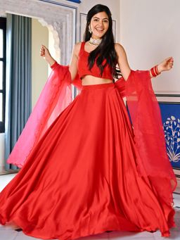 Lavanya The Label - Red Handwork Blouse Lehenga (Set of 3)