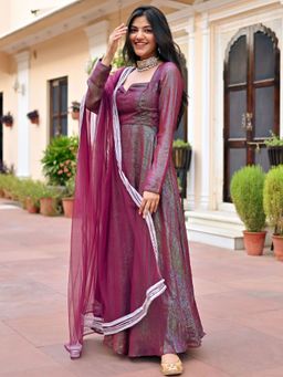 Lavanya The Label - Wine Lurex Anarkali (Set of 3)