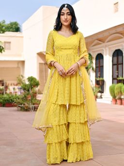 Lavanya The Label - Yellow Georgette Sharara (Set of 3)