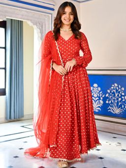 Lavanya The Label - Red Georgette Anarkali (Set of 3)