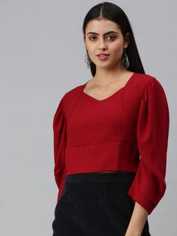 SHOWOFFFF - Women Sweetheart Puff Sleeves Solid Maroon Top