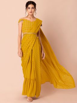 Indya - Yellow Foil Pleated Belted Pre Draped Saree