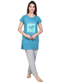 TWENTY ME - Summer Half Sleeve Round Neck Polycotton Printed Blue T-shirt & Pyjama For Women