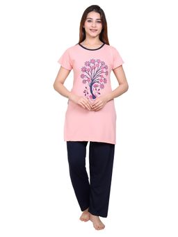 TWENTY ME - Summer Half Sleeve Round Neck Polycotton Printed Pink T-shirt & Pyjama For Women