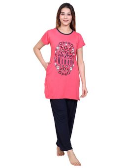TWENTY ME - Summer Half Sleeve Round Neck Polycotton Printed Pink T-shirt & Pyjama For Women
