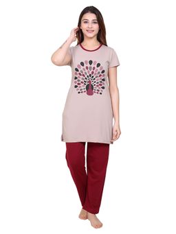 TWENTY ME - Summer Half Sleeve Round Neck Polycotton Printed Beige T-shirt & Pyjama For Women