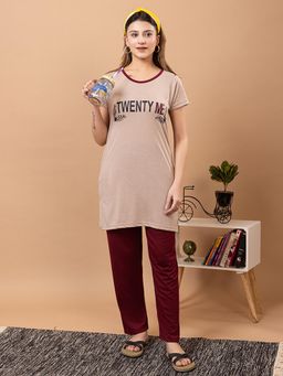 TWENTY ME - Summer Half Sleeve Round Neck Polycotton Beige T-shirt & Pyjama For Women