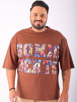Hardsoda - By The Indian Garage Co Men Plus Size Relaxed Fit Print Round Neck T-Shirt Brown